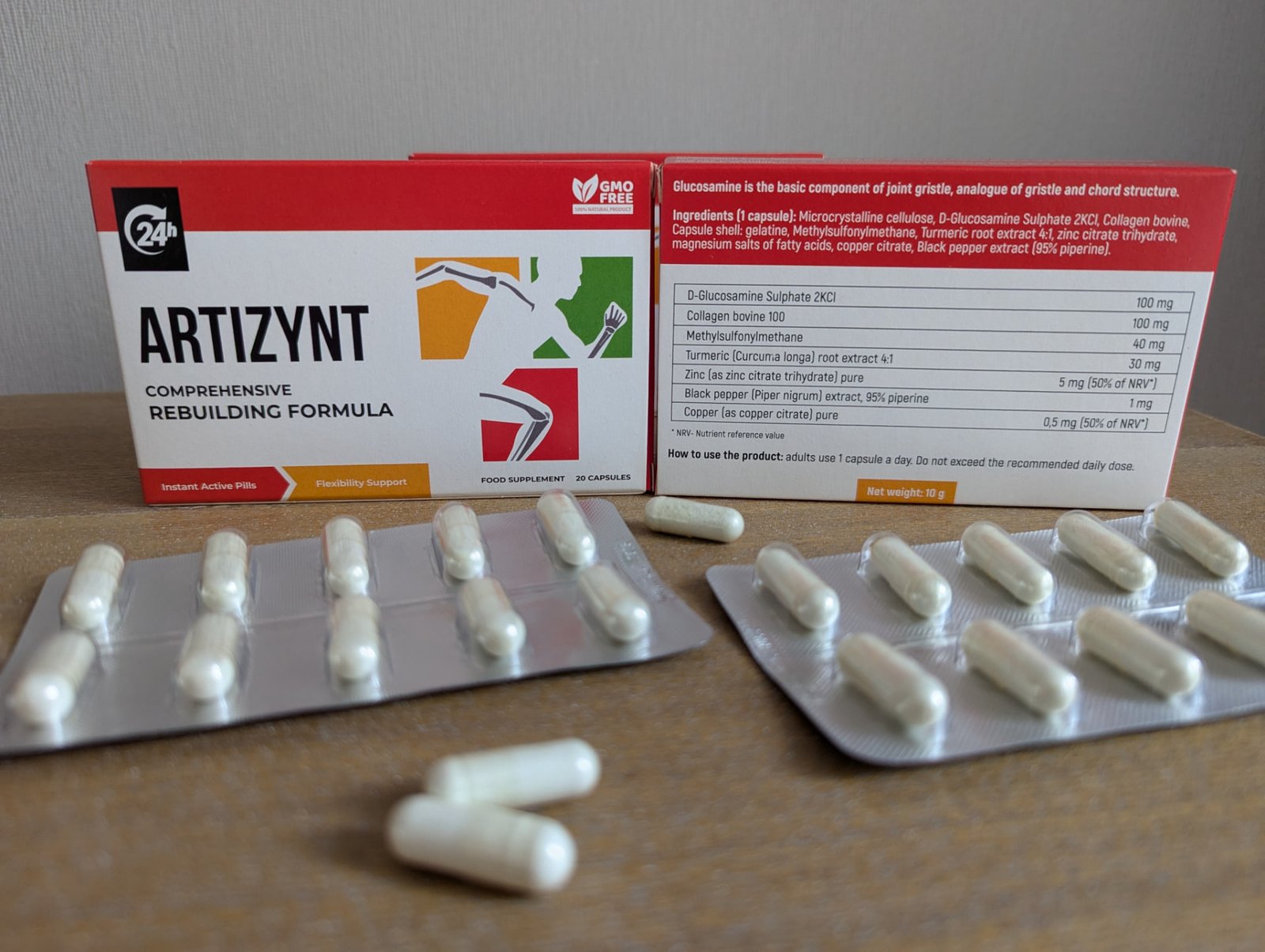Fotografia reale delle confezioni di ArtiZynt e delle capsule, con l'etichetta visibile